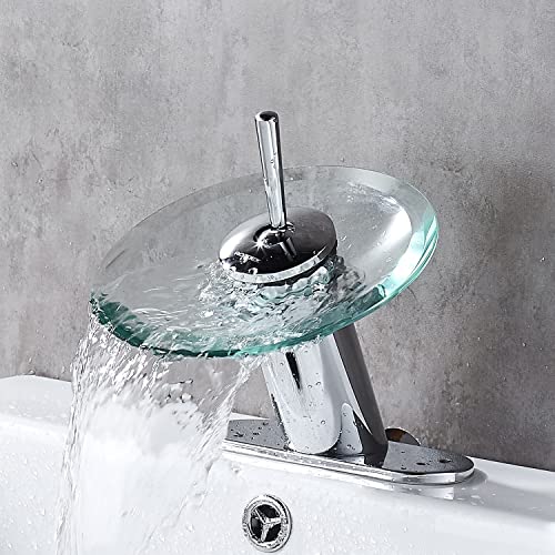 RODDEX Waterfall Bathroom Sink Faucet Solid Brass Glass One Handle Single Hole Basin Vanity Bathroom Faucet, Short, Blue+Chrome