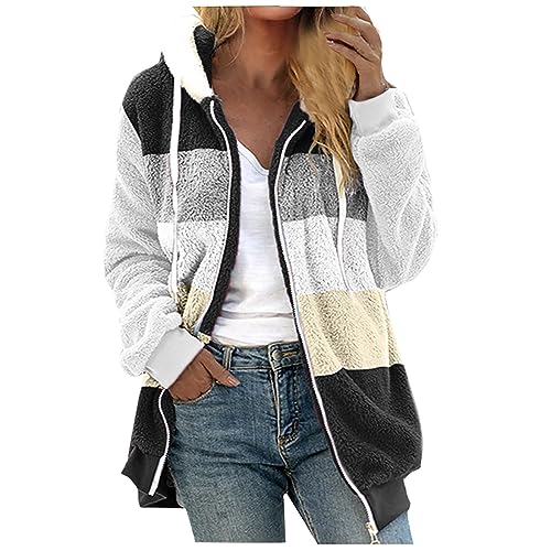 KSODFNXH Coats for Women Fashion Zip Up Warm Jackets with Fleece Comfy Drawstring Patchwork Color Long Sleeves Jackets