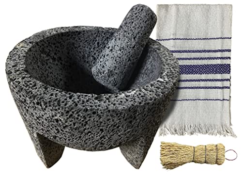 Coladera Mexican Stone Molcajete de Piedra Set for Guacamole with Traditional Handkerchief and Cleaning Broom Volcanic Lava Rock Original Mortar and Pestle Seasoning and Curado Instructions Included