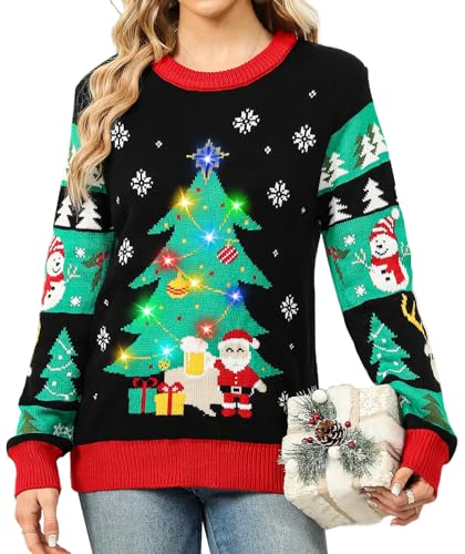 Ugly Christmas Sweater for Women 2023 Built-in Bulbs LED Light Up Christmas Tree, Funny Christmas Party Sweater Women Black Medium