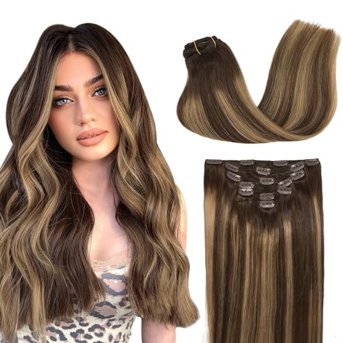 GOO GOO Clip-in Hair Extensions for Women, Soft & Natural, Handmade Real Human Hair Extensions, Chocolate Brown to Caramel Blonde, Long, Straight #(4/27)/4, 7pcs 120g 14 inches