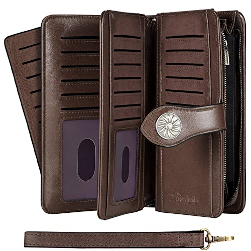 Travelambo Womens Wallet Large Capacity RFID Blocking Genuine Leather Wristlet Wallets (Coffee)
