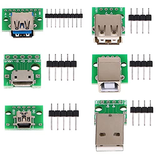 MakerHawk 6pcs USB to DIP Adapter Converter, Mini USB Female, Micro USB Female, 2.54mm 4p USB Male, USB 2.0 USB 3.0 Female, USB Type B Square Interface Female to DIP PCB Power Breakout Board Module