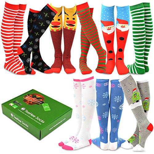 Christmas Holiday Ugly Santa Deer Candy Cane Knee High Socks for Women 9-Pairs Gift Box (Christmas)