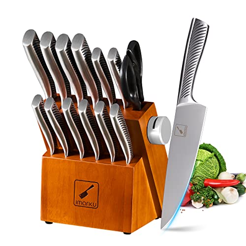 Knife Set,imarku 14-Piece Knife Sets for kitchen with block,Premium One-Piece Kitchen Knife Set with Sharpener,High Carbon Stainless Steel Knives Set for Kitchen,Silver,Dishwasher Safe