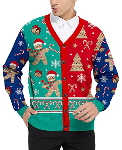 Men's Ugly Christmas Sweater Gingerbread Rocks Sweaters V Neck Candy Cane Knitted Thermal Xmas Patterned Button Down Pullover Snowflake Male Party Santa Top,Red