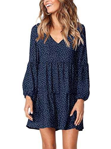 Amoretu Women's Dresses 2023 Long Sleeve Tunics Loose Swing Shift Dress Dot Navy XL