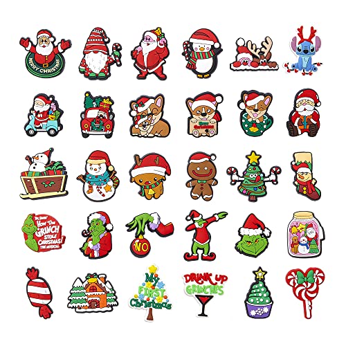 Vikeney 30pcs Christmas Croc Charms Fit for Clog Wristband Bracelet Decoration Santa Claus Pins Accessories for Women Men Kids Boy Adult Birthday Christmas Party Favor Gifts
