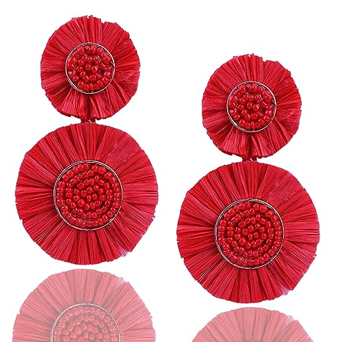 Statement Raffia Floral Earrings Boho Beaded Earrings Summer Beach Handwoven Earrings for Women Girls Jewelry Gifts