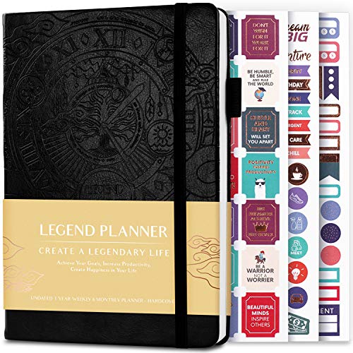 Legend Planner – Deluxe Weekly & Monthly Life Planner to Hit Your Goals & Live Happier. Organizer Notebook & Productivity Journal. A5 Hardcover, Undated – Start Any Time + Stickers – Black