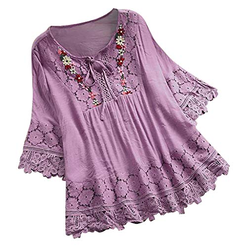 Plus Size Blouse Women Vintage Lace Patchwork Bow V-Neck Tops Embroidery Summer Three Quarter Retro Solid T-Shirt,2-Purple,3X-Large