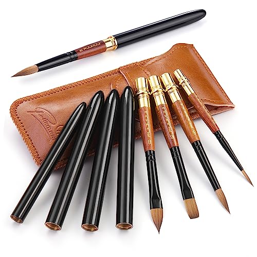 Sable Travel Watercolor Brushes, Fuumuui 4pcs Elegant Kolinsky Sable Watercolor Travel Brushes Travel Watercolor Kit with Leather Pouch Perfect for Watercolor Gouache Ink Painting