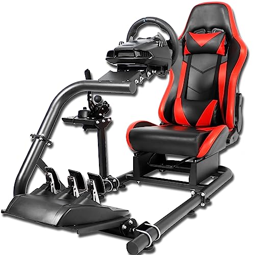 Anman Inspired Flight Sim Simulator Cockpit Seat fit for Thrustmaster I Logitech I Fanatec G29,G920,G920,T300rs,T150,T248,TMX|Round Tube Freedom Upgrade Pro Steering Wheel Stand|Electronics NOT Includ