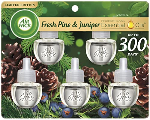 Air Wick Plug in Scented Oil Refill, 5 Ct, Fresh Pine and Juniper, Air Freshener, Essential Oils, Fall Scent, Fall Decor