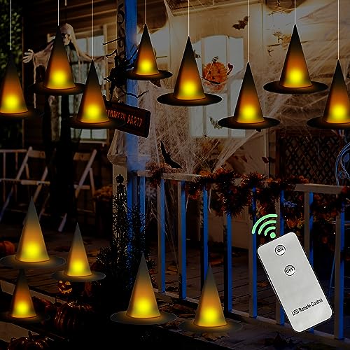 taupphoo 24 Pieces Halloween Black Witch Hats DIY Floating Light Up Witch Hats with Remote Control Tea Lights 3D Bats Wall Decorations Halloween Costume Witch Outdoor Porch Halloween Party Decoration