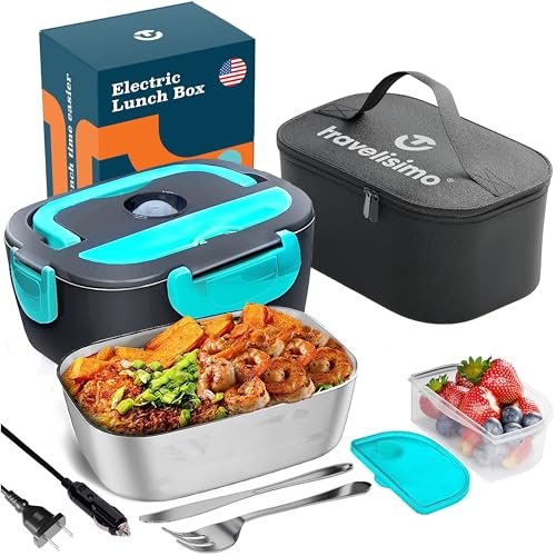 TRAVELISIMO Electric Lunch Box for Adults 80W Heated Lunch Box, 12V/24V/110V Self Heating Lunch Box, 1.5L SS Heated Lunchbox for Adults for Car/Truck, Loncheras Electricas para Calentar Almuerzo