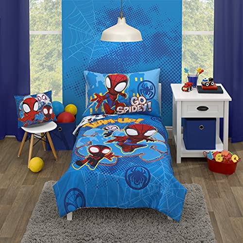 Marvel Spidey and his Amazing Friends Spidey Team Red, White, and Blue 4 Piece Toddler Bed Set - Comforter, Fitted Bottom Sheet, Flat Top Sheet, and Reversible Pillowcase