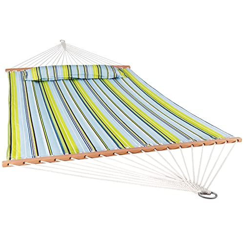 Sunnydaze Outdoor Quilted Fabric Hammock - Two-Person with Spreader Bars - Heavy-Duty 450-Pound Capacity - Blue and Green