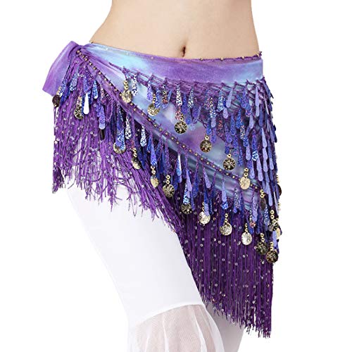 Lauthen.S Belly Dance Hip Scarf with Tassels Sequins, Triangle Coins Wrap Skirt Music Festival Clothing Purle