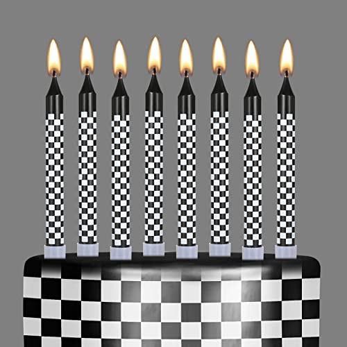 Cindeer 12 Pcs Racing Cars Themed Birthday Candles Black and White Checkered Flag Cupcake Topper for Racing Cars Party Decoration Baby Shower for Boys Children