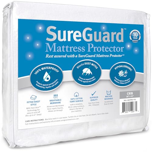 SureGuard Crib Size Mattress Protector - 100% Waterproof, Hypoallergenic - Premium Fitted Cotton Terry Cover White