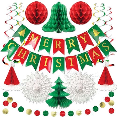 Premium Reusable Christmas Decorations - Christmas Decoration Set, Merry Christmas Banner, Paper Christmas Hanging Decorations - Christmas Party Decorations - Christmas Decorations Indoor Home Decor