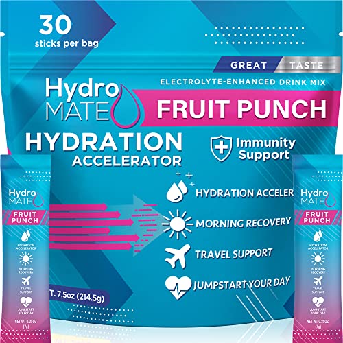 HydroMATE Electrolytes Powder Drink Mix Packets Hydration Accelerator Low Sugar Rapid Party Dehydration Recovery Plus Vitamin B12 Fruit Punch 30 Count