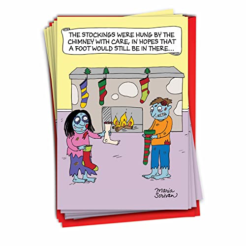 NobleWorks - 12 Merry Christmas Cards Funny - Boxed Set of Cartoon Animals, Festive Humor Holiday Xmas Cards (1 Design, 12 Cards) - Zombie Stockings B1189