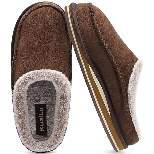 KuaiLu Mens Memory Foam Clog Slippers Comfy Handmade Stitch Microsuede Slip-on House Shoes With Arch Support Warm Faux Fur Lined Rubber Sole Indoor Outdoor Brown Size 10