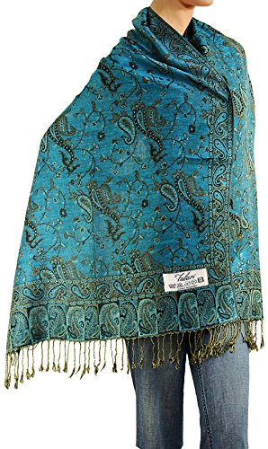 Falari Women's Woven Paisley Pashmina Shawl Wrap Scarf 80' x 27' (Style 1 - Turquoise)