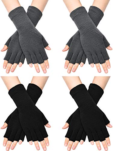 SATINIOR Fingerless Gloves for Women Half Finger Typing Gloves with Long Wrist Cuff Winter Knit Fingerless Mittens for Women (Black, Dark Grey, 4 Pairs)