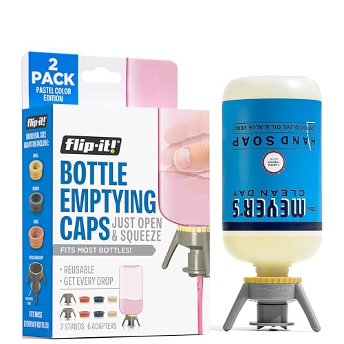 Flip-It! 2-Pack Premium Bottle Emptying Kit – No more wasted product - Fits most plastic bottles – Get out every drop of Shampoos, Lotions, & More – 2 Base Caps, 6 Adapters – Pastel Color Edition