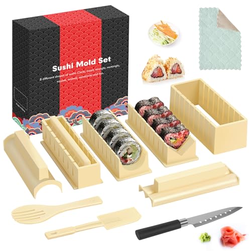 HI NINGER Sushi Making Kit- All In One Sushi Set 10 Piece Plastic Sushi Maker Tool with 8 Different Shapes of Sushi Rice Roll Mold Shapes Fork Spatula DIY home Sushi Tools- Off-white