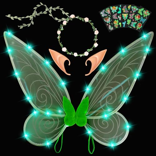Fairy Wings Halloween Costumes for Girls Women, 4 in 1 Light Up LED Butterfly Fairy Wings, Sparkling Adults Kids Fairy Costume for Halloween, Halloween Party Supplies for Kids Green