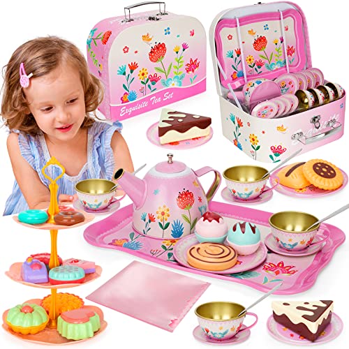 KMUYSL Tea Party Set for Little Girls, Kitchen Pretend Toy for Kids 3 4 5 6 Year Old, Girls Toys with Tin Tea Set, Desserts & Carrying Case, Christmas Easter Gift for Girls