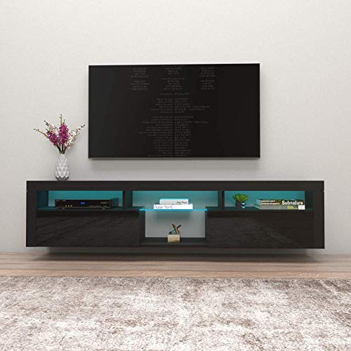 Meble Furniture & Rugs Bari 200 Wall Mounted Floating 79' TV Stand with 16 Color LEDs Black