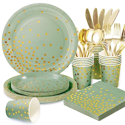 175 Pcs Sage Green Plates and Napkins Party Supplies - Sage Green Paper Plates Serve 25 Guests - Sage Green and Gold Disposable Plates Sets for Holiday Wedding Birthday Party Decoration