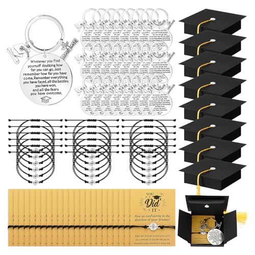 Ecation 24 Sets 2024 Graduation Gifts Unisex Bracelets Comes in Cap Box with Quote Card Keychain for Class of 2024 School(Classic Style)