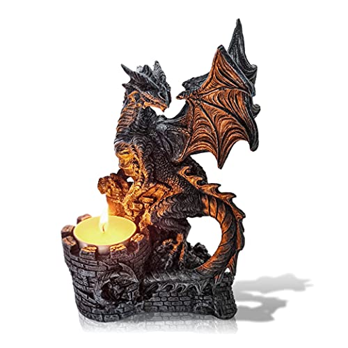 CARVIA Gifts Dragon Statue with Tea Light Candle Holder - Draco The Dragon Statues and Figurines - 6.7' Grey Medieval Castle with Dragon Figurines. Best for Holding Tea Candles. Great Dragon Gifts