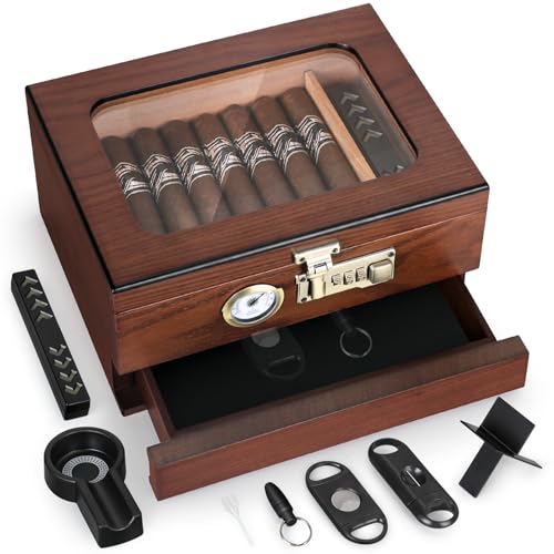 Scotte Cigar Humidor, Cedar Wood Cigar Humidor Box with Hygrometer Accessories Drawer, Glass Top and Combination Lock Desktop Humidor Case with Cigar Cutters Cigar Punch Cigar Holder Ashtray (Brown)