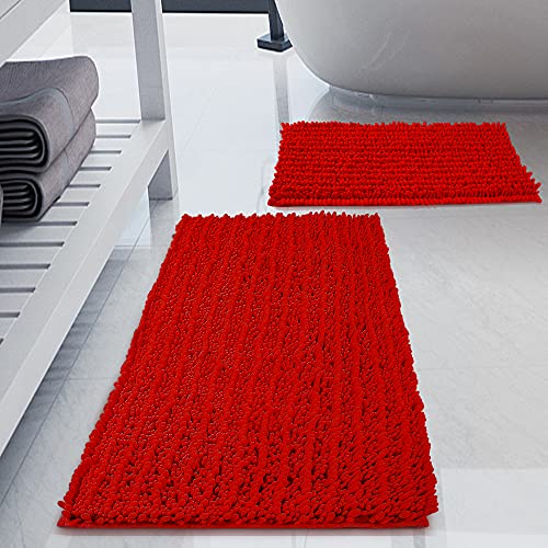 H.VERONNEX Luxury Chenille Red Bathroom Rugs Sets 2 Piece, Thickened Hot Melt Rubber Bottom Bath Mats for Bathroom Non Slip,Bath Rugs Quick Dry Machine Washable for Shower Mat,Puppy-Loved Mat