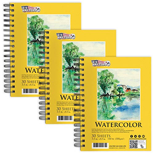 U.S. Art Supply 5.5' x 8.5' Premium Heavyweight Watercolor Painting Paper Pad, Pack of 3, 30 Sheets Each, 140lb (300gsm) - Spiral Bound, Cold Pressed, Acid-Free, Wet, Mixed Media - Artists, Students