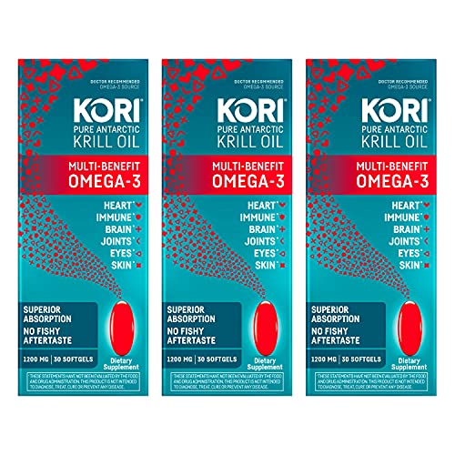 Kori Antarctic Krill Oil Omega-3 1200mg Supplement - Superior Absorption vs Fish Oil/EPA & DHA, Astaxanthin/Supports Heart, Brain, Joint, Eye, & Skin Health / 90 softgels