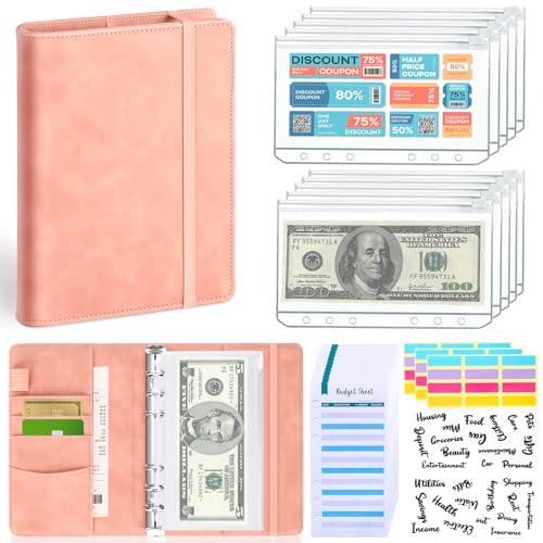 LINTRU Budget Binder with Zipper Envelopes, Budget Book with Cash Envelopes, Premium Pu Leather A6 Binder with Expense Budget Sheets and Stickers, Savings Binder for Budgeting (Pink)