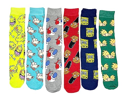 Nickelodeon Characters Rugrats Spongebob Rocko Ren Stimpy Men's Crew Socks 6 Pair Pack