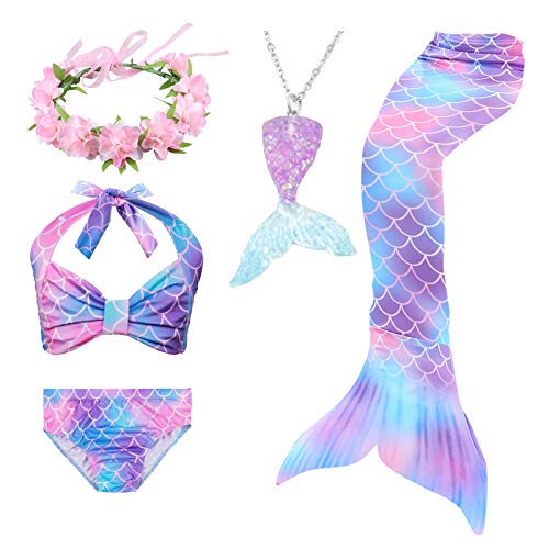5Pcs Girls Swimsuit Mermaid Tails for Swimming Kids Bikini Costume Sets with Flower Headband (No Monofin) (DH48-P,5-6 Years)