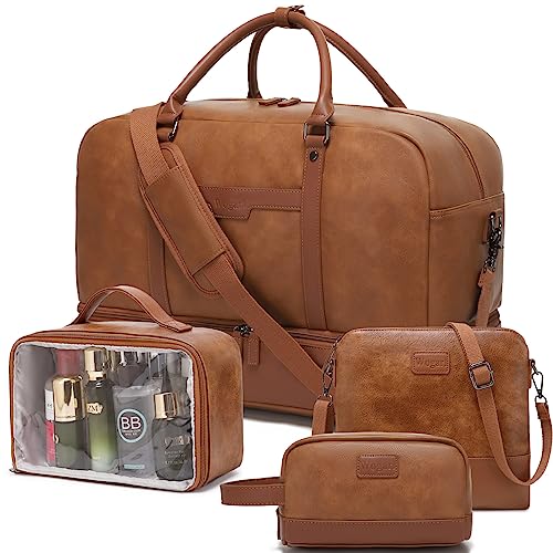 Wogarl 4PCS Leather Weekender Bag for Women Men Large Overnight Bag Travel Duffel Bag with Shoe Compartment Toiletry Satchel Bag Carry On Bag Fit 21' Laptop(Light Brown)