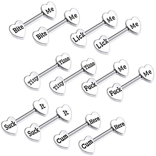 6 Pairs Heart Shaped Nipple Tongue Rings 14G Stainless Steel Nipple Barbell Rings Body Piercing Jewelries for Women (Silver)