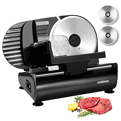 Meat Slicer, CUSIMAX Electric Deli Food Slicer with 2 Removable 7.5' Stainless Steel Blades, Food Carriage, Adjustable Thickness for Home Use, Cheese Fruit Vegetable Bread Cutter