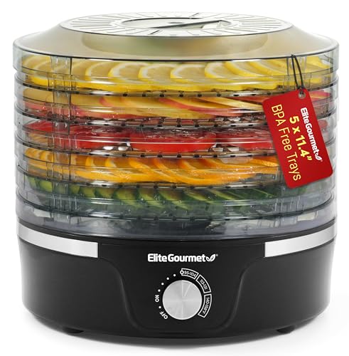 Elite Gourmet EFD319 Food Dehydrator, 5 BPA-Free 11.4' Trays Adjustable Temperature Controls, Jerky, Herbs, Fruit, Veggies, Dried Snacks, Black